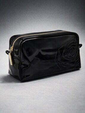 Lancome Black Faux Leather Makeup Bag Embossed Rose Cosmetic Case Pouch NWOT